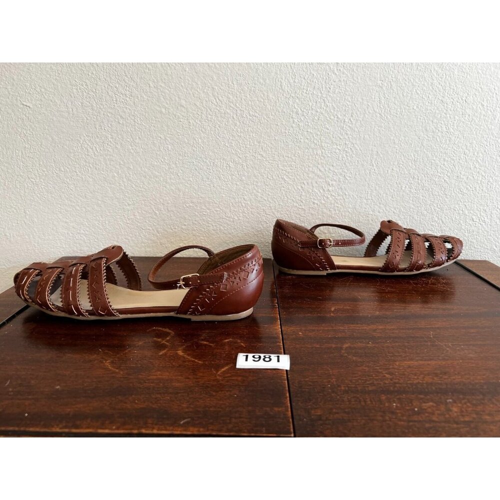 Nicole Flat Sandals Womens Size 8.5M Brown Cutout Leather Jellyfish Ankle Straps - Picture 3 of 9